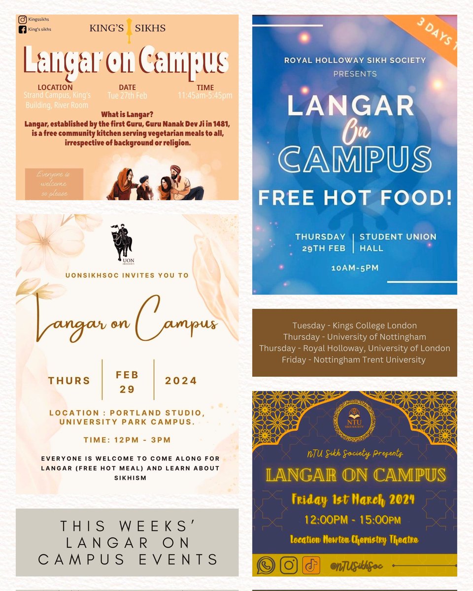 Langar on Campus events: Tuesday @KingsCollegeLon Thursday @UniofNottingham & @RoyalHolloway Friday @TrentUni Open to all! Please join us to partake in Langar (Sikh Community Kitchen) for some much needed respite, courtesy of your local Sikh society #LangaronCampus