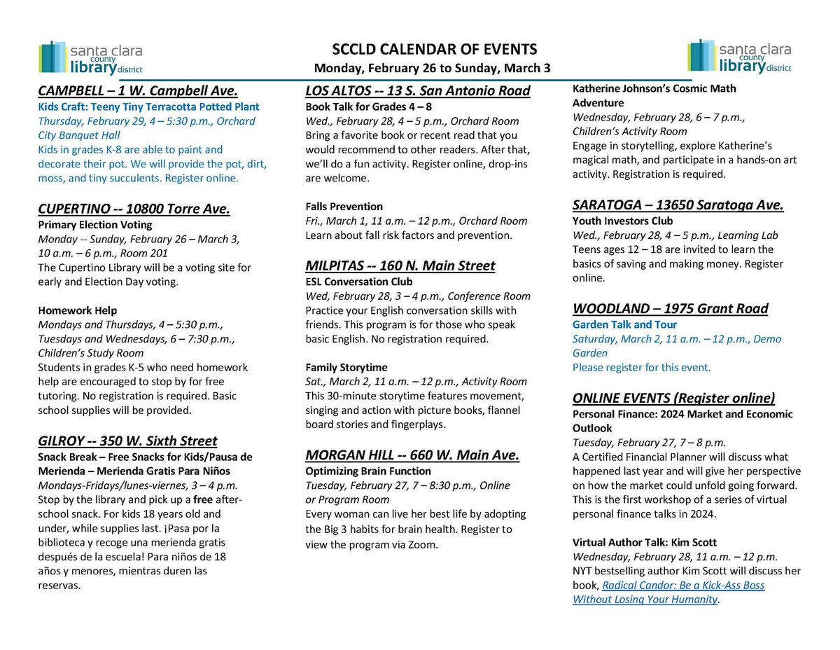 Stop by for free library programs! Find the full calendar at sccld.org/events/