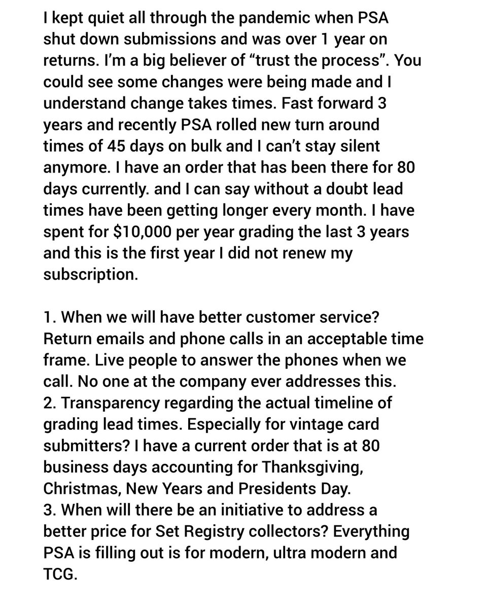 An open letter to <a href="/PSAcard/">PSAcard</a> 

<a href="/rhoge/">Ryan Hoge</a> <a href="/natsturner/">Nat Turner</a> @peteincaviglia I’m hoping you can address the following items for the card grading community:
