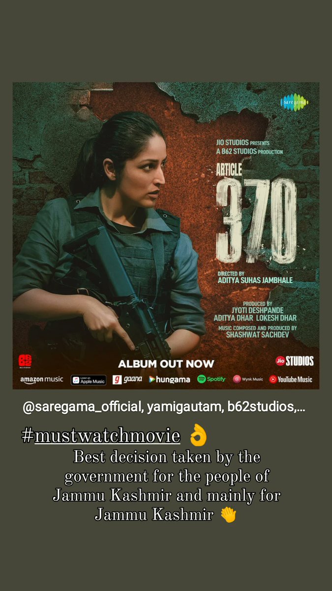 Veereshyacha1's tweet photo. #MustWatchmovie please make sure each and everyone to watch this movie without miss 🙏
#Article370 
#Article370Movie 
#India 
#IndianArmy 
#BJPGovernment https://t.co/NGiliOnHBz