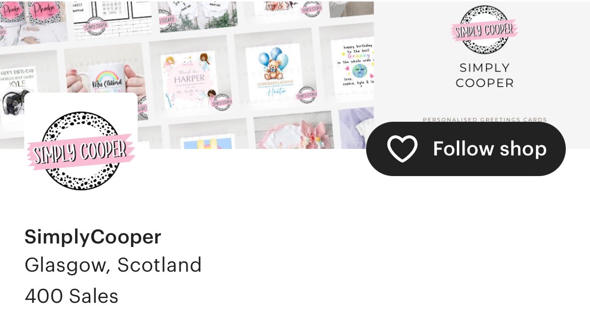 SimplyCooperGla's tweet photo. My Etsy shop hit 400 sales today! Not a huge amount for some, however considering there’s millions of Etsy sellers - 400 people bought from me!! 
Onwards and upwards towards the next milestone!! 

https://t.co/NhY0uY95Uq https://t.co/f4CGbdFxP8