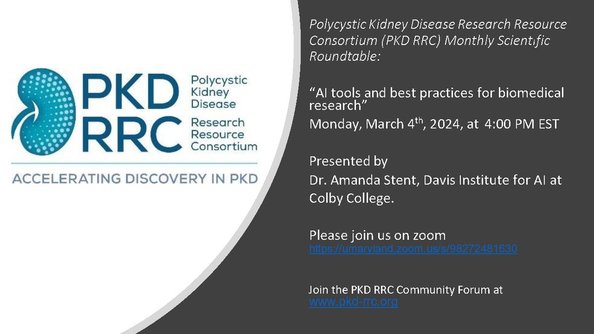 Please visit pkd-rrc.org to view our March, 2024 Monthly Scientific Roundtable Talk. Our next guest speaker will be Dr. Amanda Stent, talk title: “AI tools and best practices for biomedical research” #endPKD #PolycysticKidneyDisease