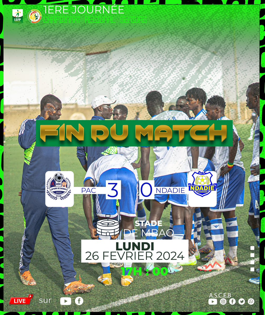 ASCEB4917541's tweet photo. #ASCEB
#Football
#Ville_de_Bargny
#Resultat 

📌 Fin du Match Championnat Régional   (A.S.C.E.B)😎 📌

PAC a battu cette après-midi sur la plus petite des marges face à Ndadié de Diamniadio sur le score de  (3-0).avec des buts de Assane Boye, Alphonse Daccosta et Pape Diop. https://t.co/yMzToBXuXK