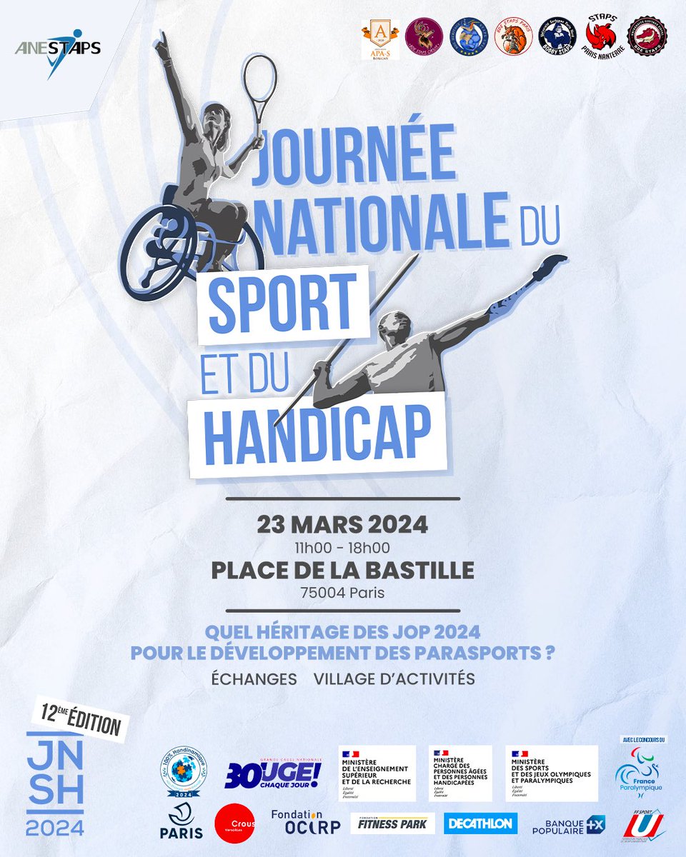ANESTAPS's tweet photo. l’ANESTAPS et les associations STAPS d’IDF s’installent sur la Place de la Bastille

Aux portes des JOP, la JNSH 2024 aura comme thématique l’héritage des jeux pour le développement des parasports. 

📢 Au programme un village d’activités et table ronde.

🔴En direct sur YouTube https://t.co/1VHY9ei45B