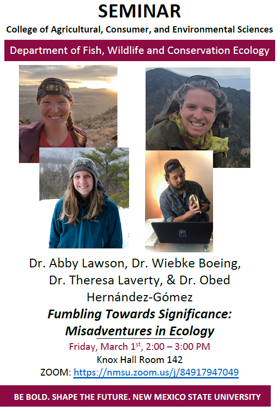 Join us for this week's seminar for a home-grown discussion about the trials and tribulations of becoming an ecologist and a researcher