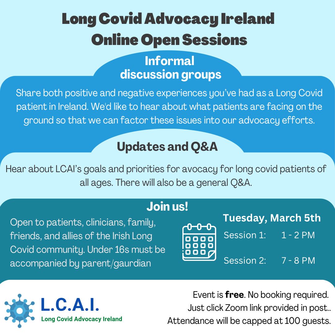 We're really pleased to announce our free zoom event next week...
(link will be posted before the event)

RTs much appreciated.

#LongCovid #LongCovidKids #Ireland #Irish  #chronicillness #ChronicPain #DisabilityTwitter #Disabled