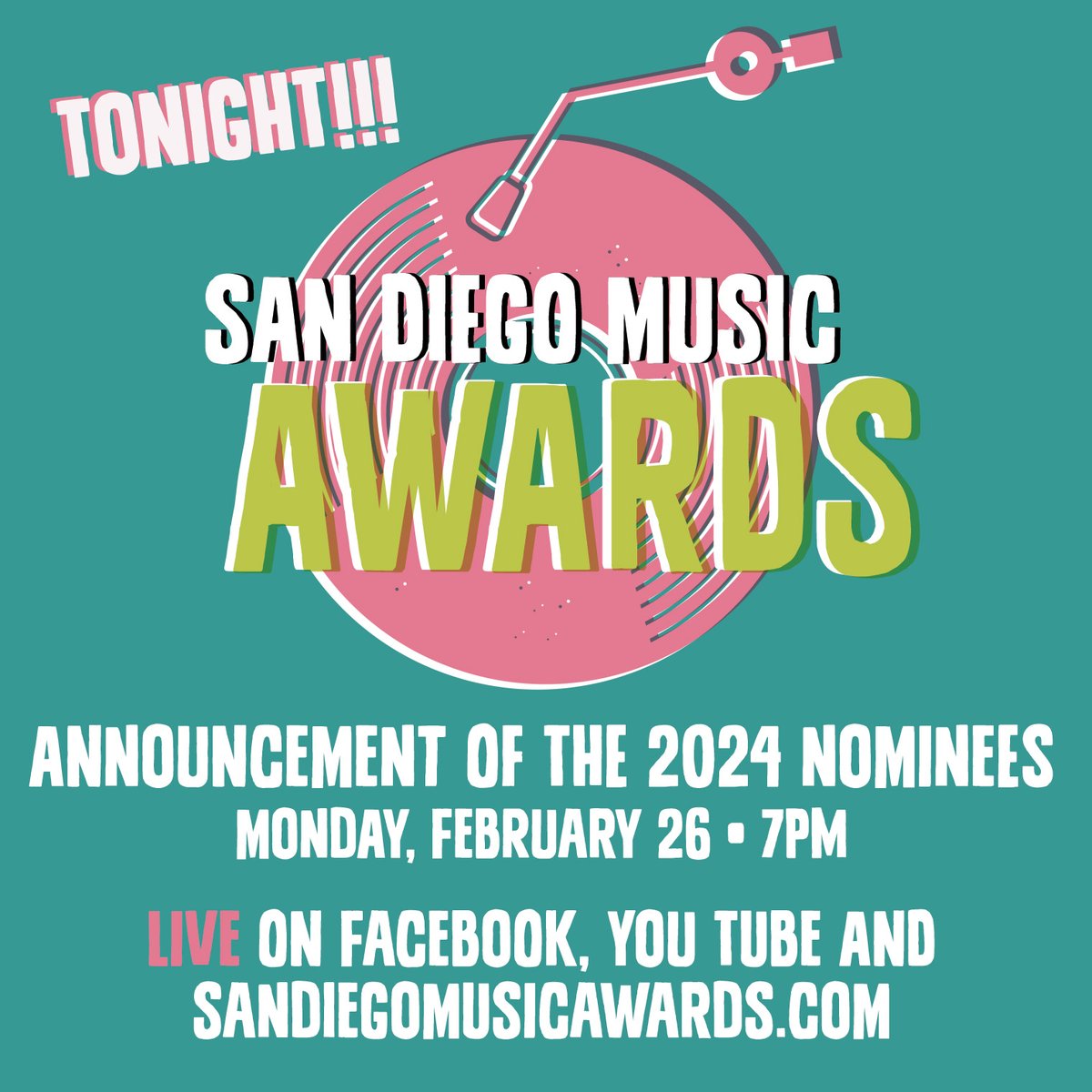 TONIGHT...the announcement of the 2024 San Diego Music Awards nominees. Watch live as the nominees are announced...via the SDMA You Tube, Facebook and the sandiegomusicawards.com website. Tune in!

#sandiegomusicawards #sandiegomusicfoundation #musicinschools #sandiegomusicscene