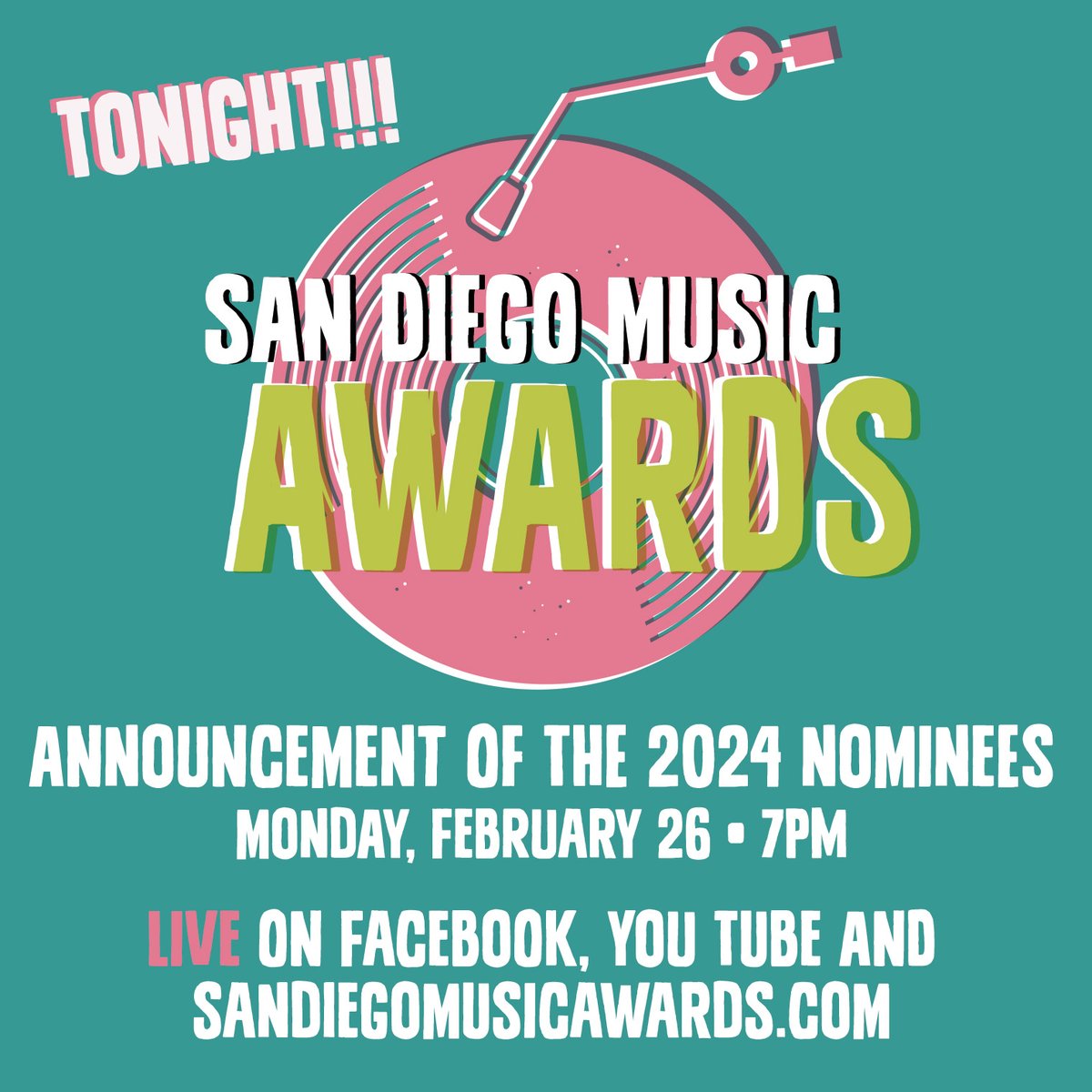 TONIGHT...the announcement of the 2024 San Diego Music Awards nominees. Watch live as the nominees are announced...via the SDMA You Tube, Facebook and the sandiegomusicawards.com website. Tune in! #sandiegomusicawards #sandiegomusicfoundation #musicinschools #sandiegomusicscene