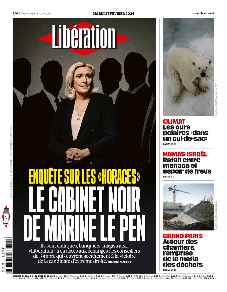 Enquête sur les «Horaces», le cabinet noir de Marine Le Pen. C'est la une de @Libe ce mardi.