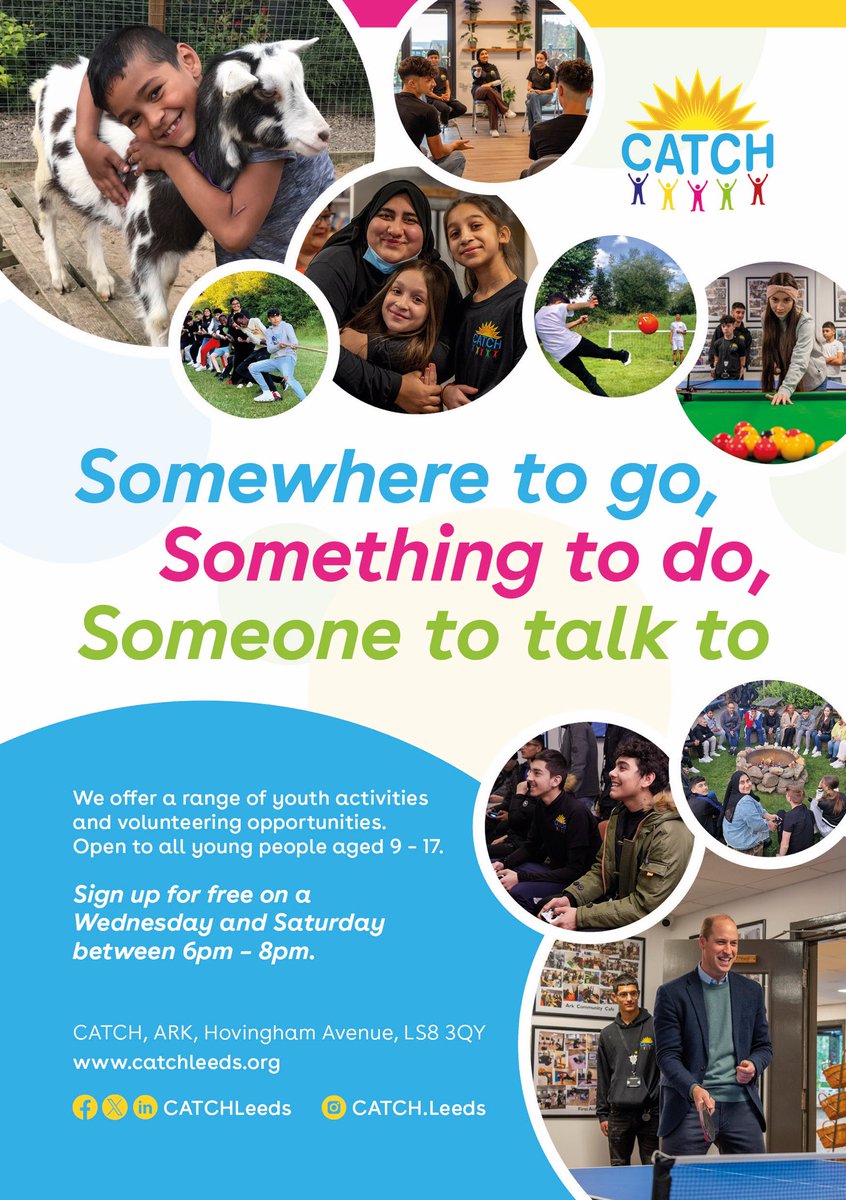 At CATCH, we offer a range of activities and volunteering opportunities for young people aged 9 – 17. Sign up for free on a Wednesday and Saturday between 6pm – 8pm! #SomewhereToGo #SomethingToDo #SomeoneToTalkTo catchleeds.org