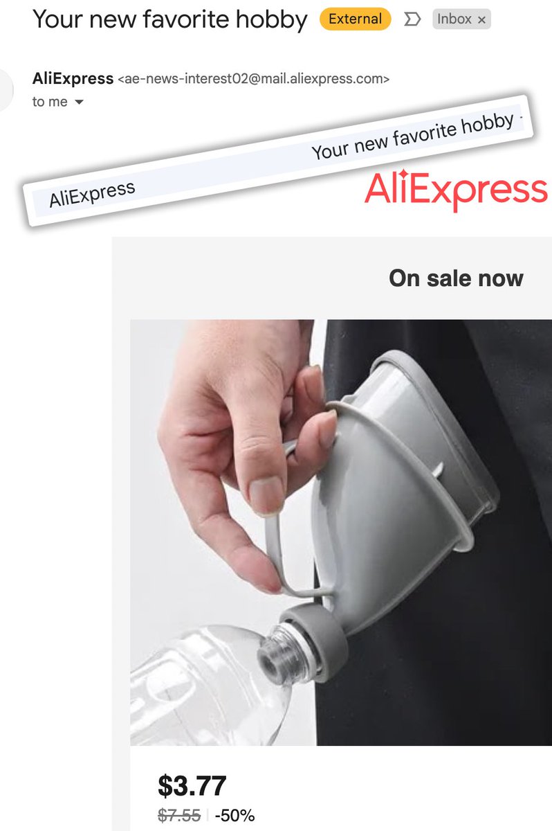 So does this mean that AliExpress thinks my 'new favorite hobby' is...peeing? Okay.