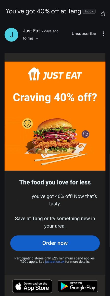 BridgenWells's tweet photo. @JustEatUK I received this email advising I had an offer for 40% but there are no details in the email on how to claim it and if I click "order now" it just searches for the restaurant name on the app https://t.co/6Kx0Mn1Qbx