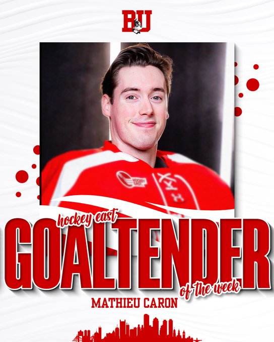 Mathieu Caron Hockey East Goaltender of the Week graphic