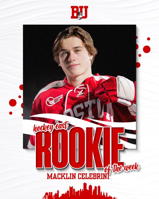 Macklin Celebrini Hockey East Rookie of the Week graphic