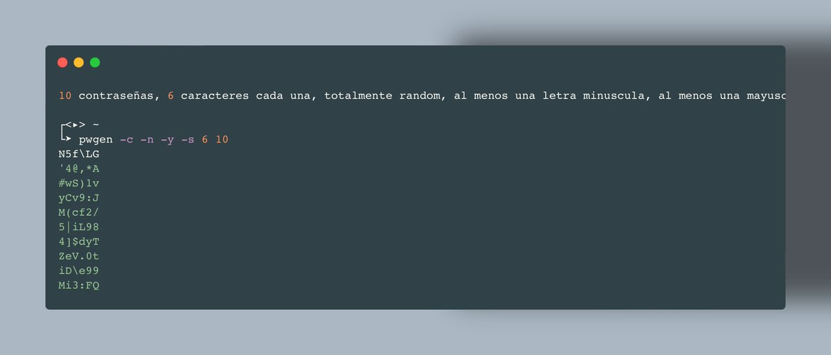 alonso_Isidoro's tweet image. 10 passwords, 6 characters each, totally random, at least one lowercase letter, at least one uppercase letter, at least one number.#pwgen
