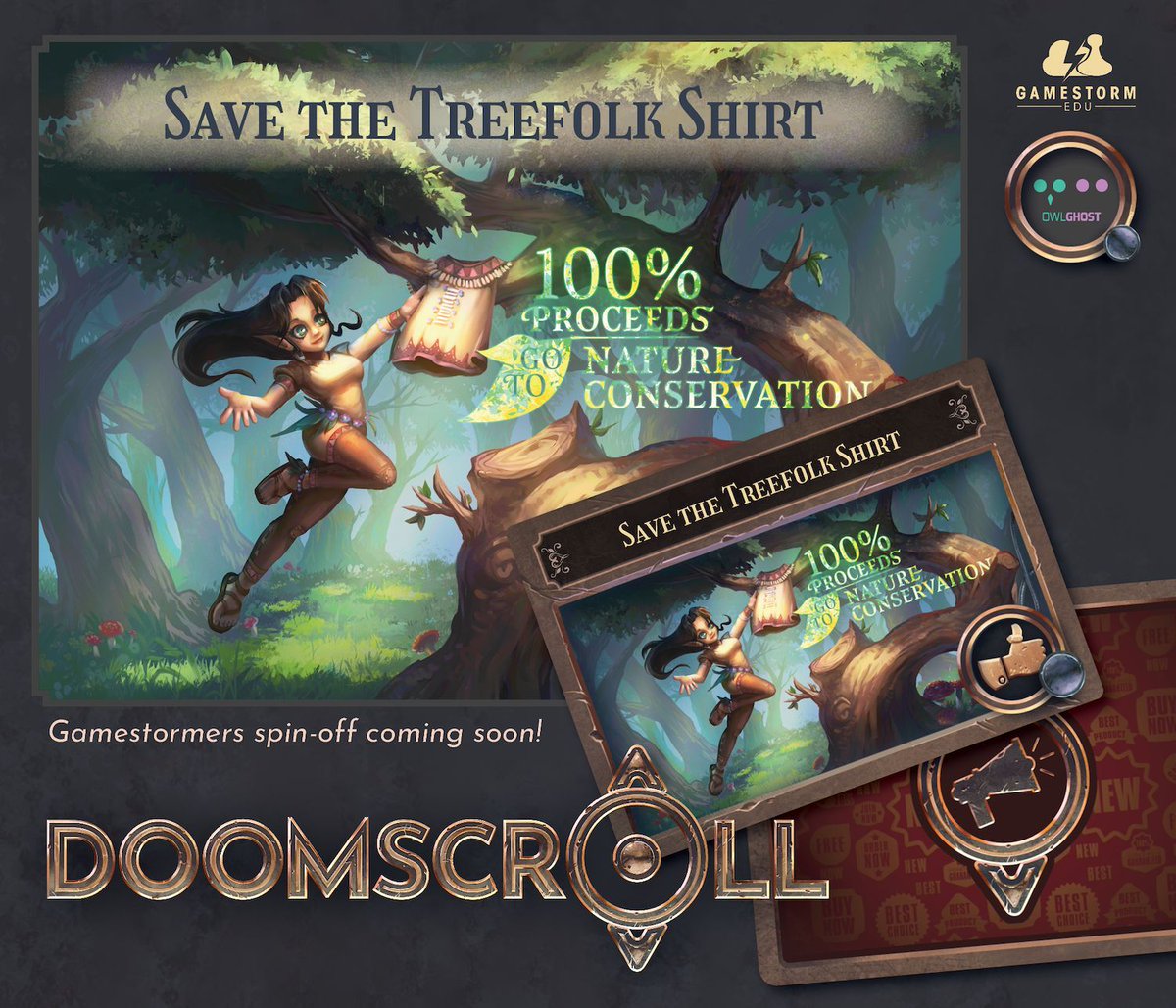 Have you done your part to Save the Treefolk? In our newest game, Doomscroll, you work to sell products for a social media company set in a fantasy world! Interested, check out our LIVE #Kickstarter now to make our game a reality! #tabletop #tabletopgaming