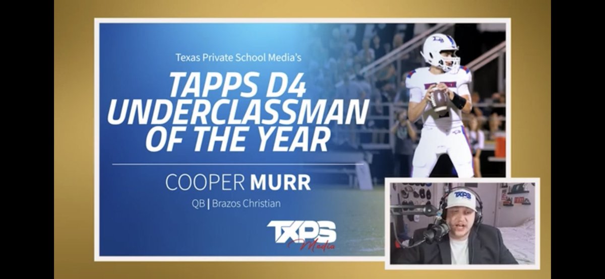 Cooper Murr 2027 QB (@cooper_murr) on Twitter photo Blessed to be named Tapps D4 underclassman of the year! Thank you <a href="/TXPSMedia/">Texas Private School Media</a> for all of the recognition for me and my team this year! Blessed to be named Tapps D4 underclassman of the year! Thank you <a href="/TXPSMedia/">Texas Private School Media</a> for all of the recognition for me and my team this year!