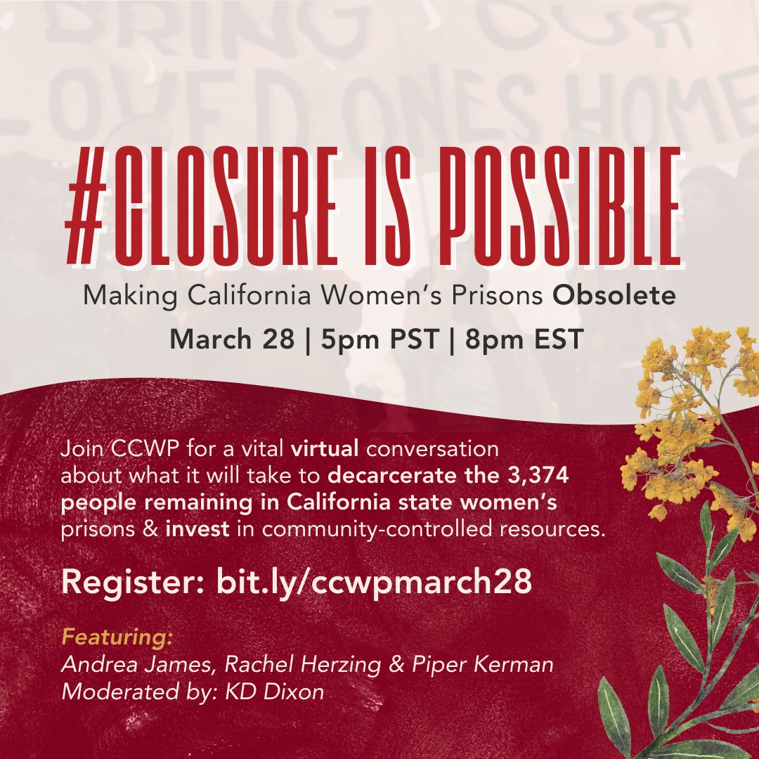 c_c_w_p's tweet image. Join CCWP for a vital discussion on making women's history by building a future with no women's prisons. Featuring Andrea James, Rachel Herzing &amp;amp; Piper Kerman. Register here 👉🏿 bit.ly/ccwpmarch28  #ClosureIsPossible #CloseCAPrisons