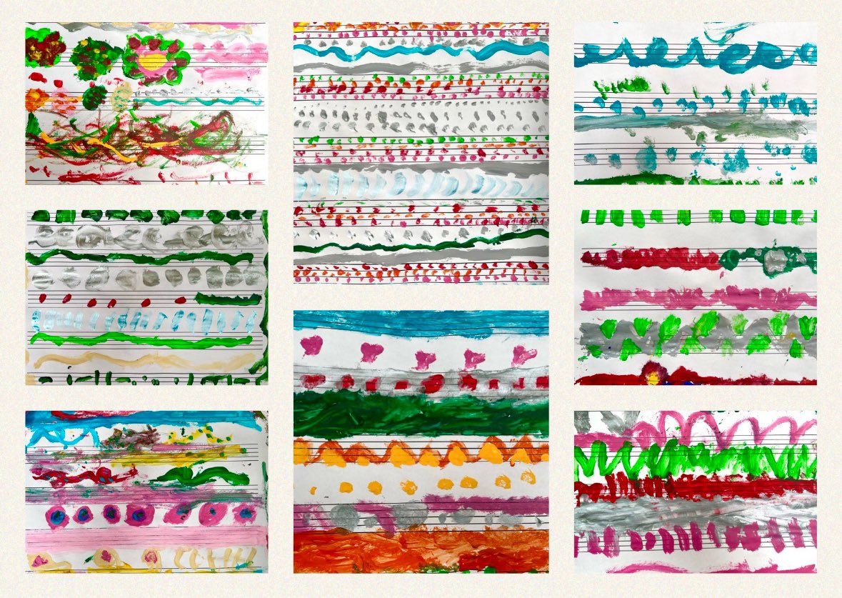 This is what happens when you give children a paintbrush, plenty of paint &amp; play Louis Armstrong’s What a Wonderful World! My class were inspired by the rhythm as well as the words and enjoyed letting their hands ‘dance’ with the brushes. We used manuscript paper as our canvas 🎶