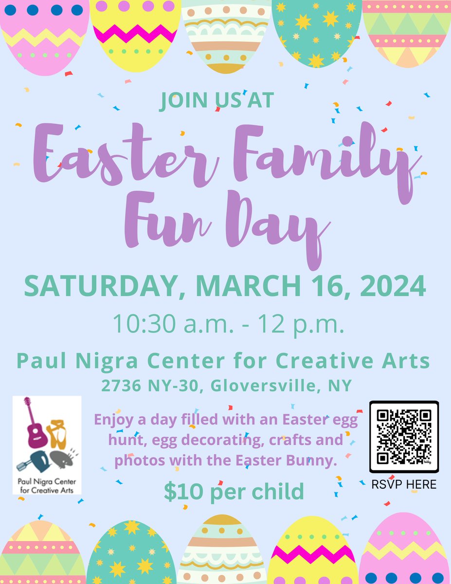 Mark your calendars for the #NigraArtsCenter’s #Easter Family Fun Event on Sat., March 16, 10:30a-12p! All kids are invited to join us for egg decorating, crafts, an egg hunt &amp; photos with the Easter Bunny. Only $10 a kid! Visit bit.ly/PNCCAEaster24or call 518-661-9932 to RSVP.
