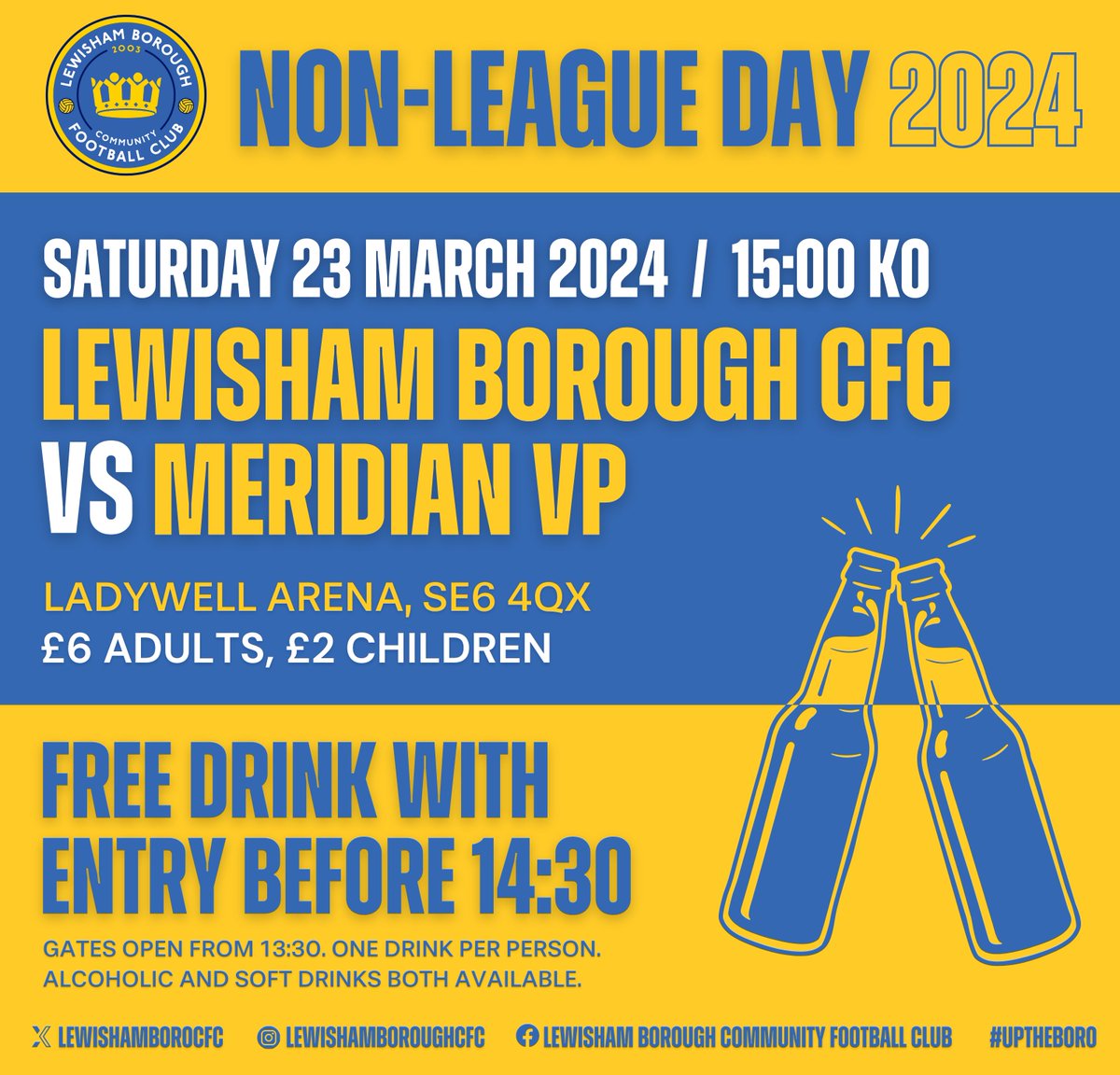 LewishamBoroCFC's tweet image. 🚨 Get the date in your diaries: Non-League Day 2024 is less than four weeks away!

We've enjoyed some fantastic crowds at the Ladywell Arena this season, but we want to make this the biggest yet - and we've got an added incentive too...

@nonleaguedayuk #UpTheBoro