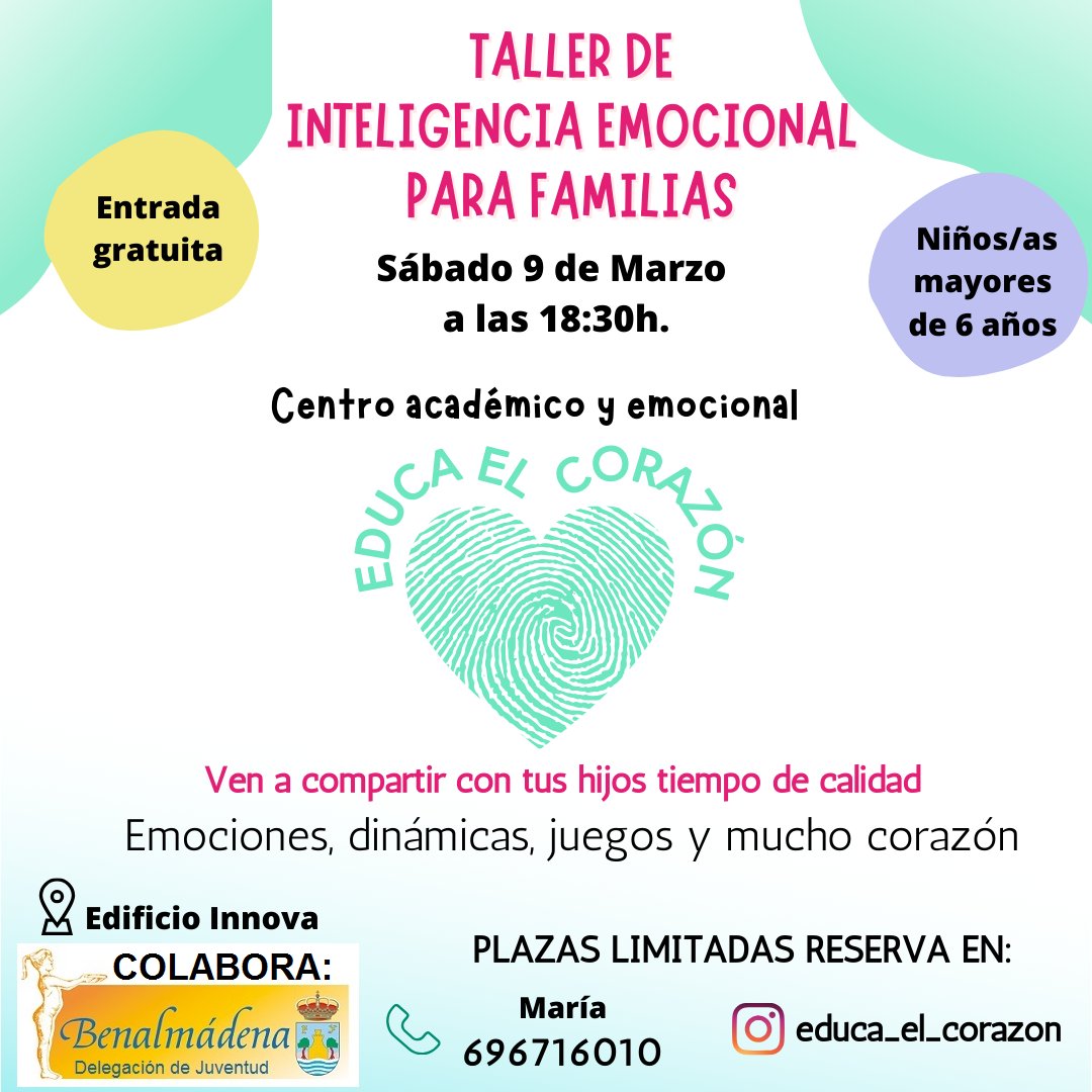 JUVENTUDBENALMA's tweet photo. 💙💚TALLER DE INTELIGENCIA EMOCIONAL PARA FAMILIAS ♥️💜
"Emociones, dinámicas, juegos y mucho corazón":
El sábado 9 de marzo desde las 18:30 h. ACTIVIDAD GRATUITA. Contacto: 696716010, María.
#ParqueInnova #INTELIGENCIAEMOCIONAL #Gratis #juventudbenalmadena https://t.co/Wd1wKA6DVf