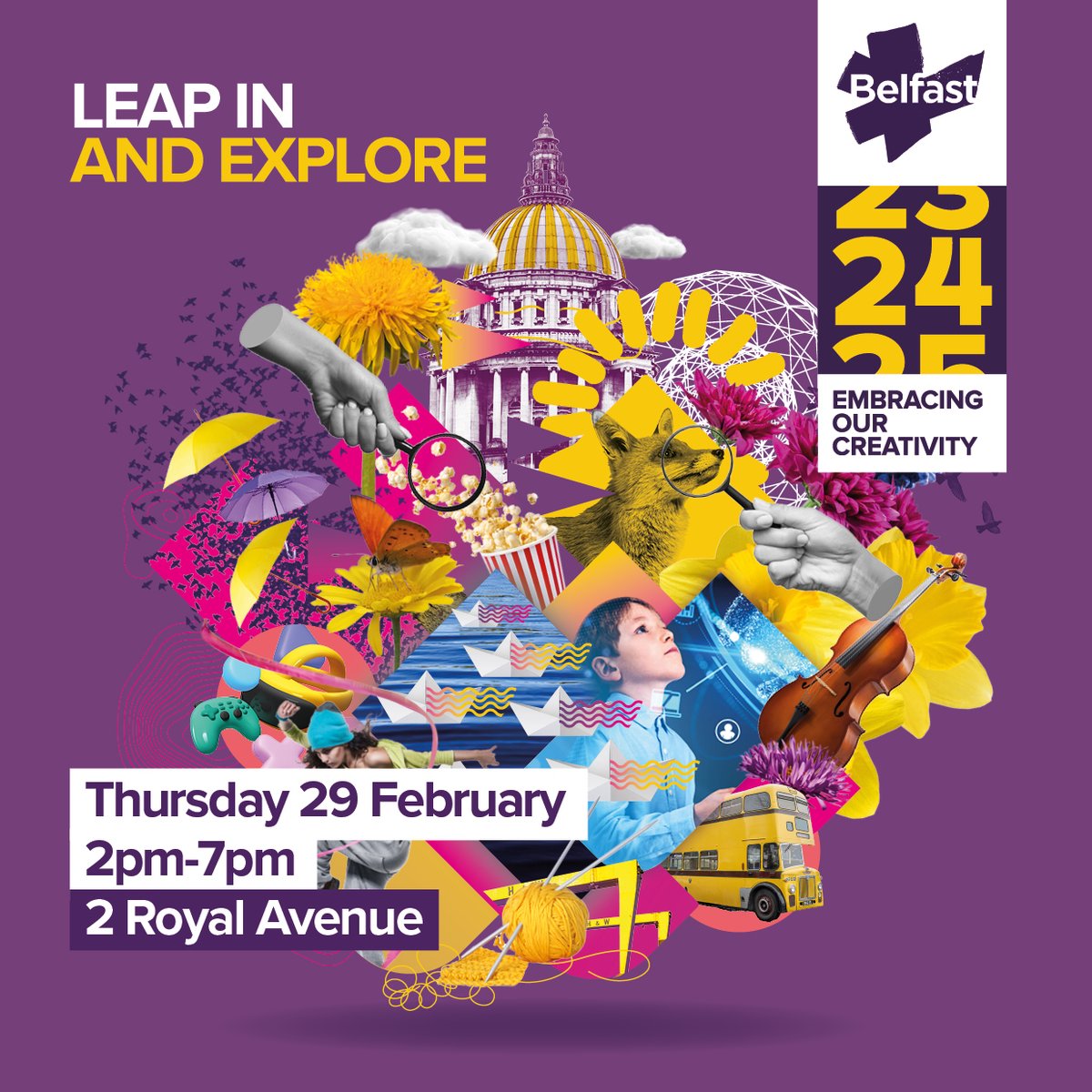 Take a leap this Thu 29 Feb, 2pm-7pm, at our #Belfast2024 open day in 2 Royal Avenue. Call in & see what's coming up in the city's biggest ever creative & cultural celebration. Try-it activities, Creative Me quiz, suggest projects for The Bank of Ideas & more! @heritagefundni