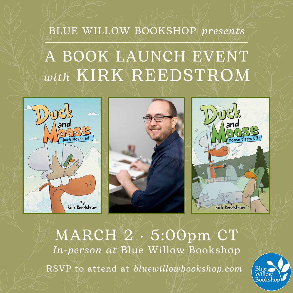 ✨This Saturday,✨ our Blue Willow bookseller alum @kirkreedstrom makes his publishing debut! Join us to celebrate the book launch of his hilarious graphic novel series for early readers, Duck and Moose. 🦆🫎 We can't wait!! bluewillowbookshop.com/event/reedstro… @DisneyBooks