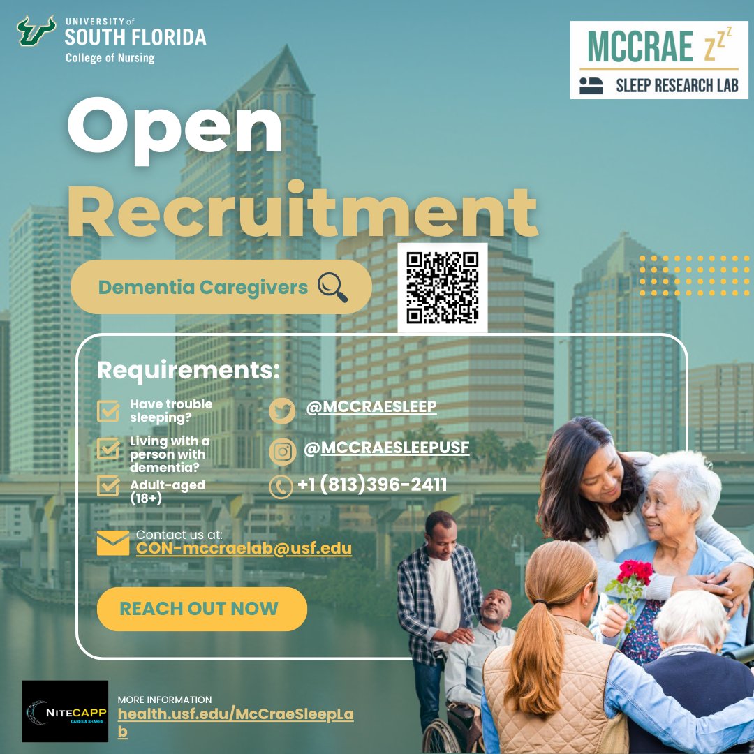 McCrae Sleep Research Lab (@mccraesleep) on Twitter photo Are you a dementia caregiver and have sleeping troubles? We are recruiting for a study examining behavioral interventions for treating insomnia. Interested? Click the link in our bio to complete our screener! <a href="/USFResearch/">USF Research</a>
#research #caregiver #tampabay #usf Are you a dementia caregiver and have sleeping troubles? We are recruiting for a study examining behavioral interventions for treating insomnia. Interested? Click the link in our bio to complete our screener! <a href="/USFResearch/">USF Research</a>
#research #caregiver #tampabay #usf