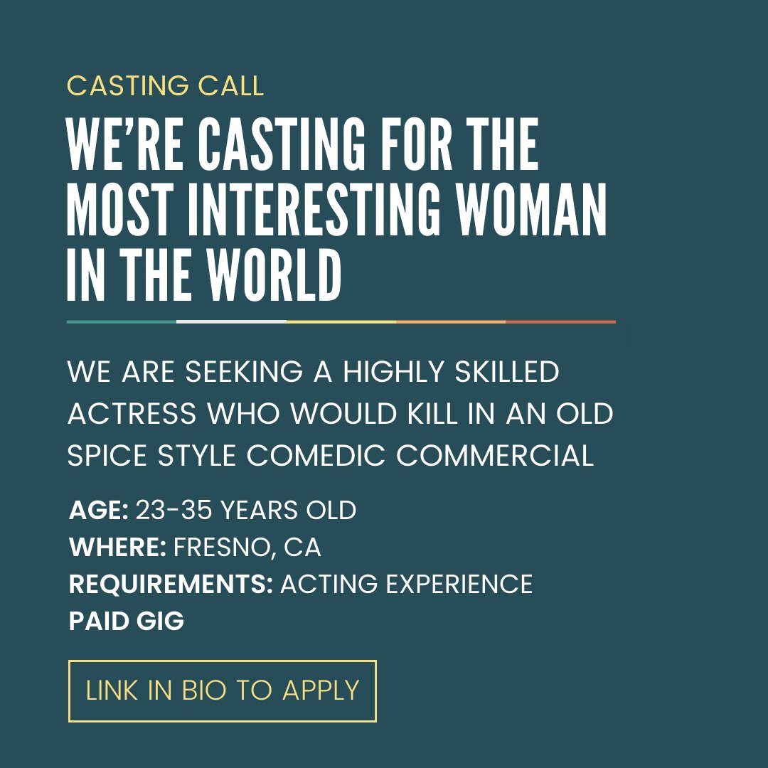 We are seeking a highly skilled actress who would kill in an Old Spice style comedic commercial 
If you have acting experience and are interested in this role- apply through the link in our bio! ✍🏻➡️

-
#backstory #creative #acting #commercial #castingcall #actorcall