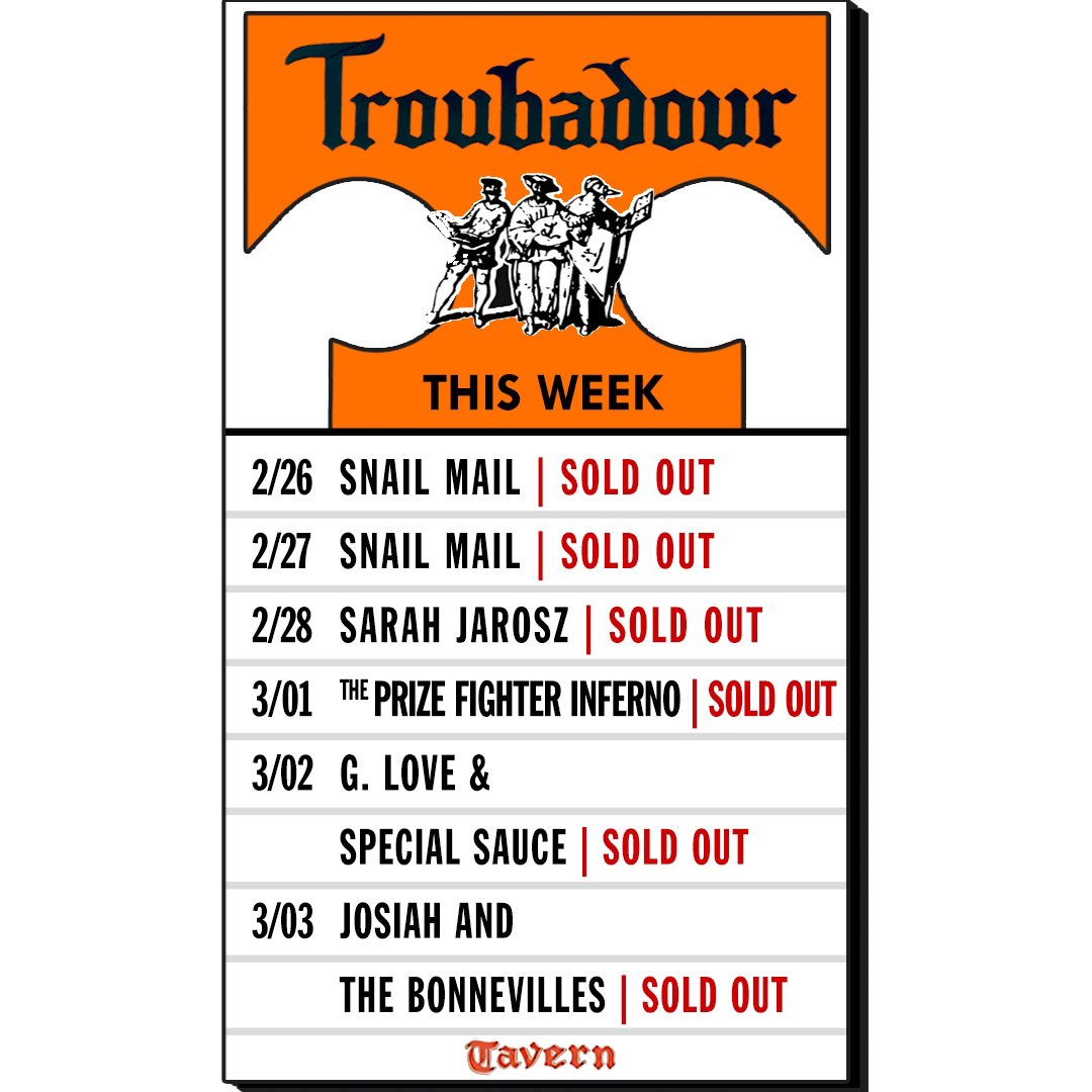 WHATS HAPPENING THIS WEEK: 2/26: @snailmail (sold out) 2/27: @snailmail (sold out) 2/28: @sarahjarosz (sold out) 3/01: @ThePFIOfficial (sold out) 3/02: @glove (sold out) 3/03: @josiahandthe (sold out)