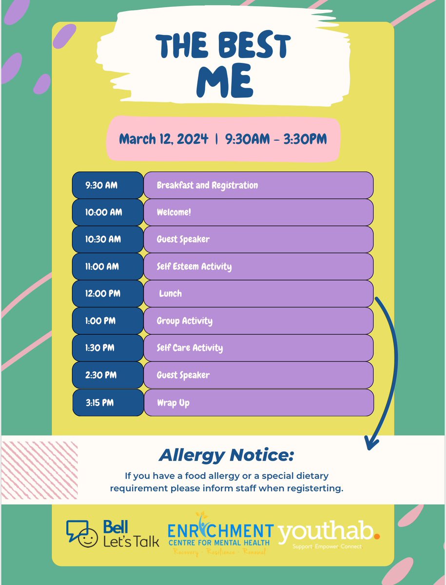 SmittyReagan's tweet image. My work The Enrichment Centre for Mental Health is once again putting on The Best Me event Tuesday March 12th! This youth mental health conference is for those who identify as female or non-binary between the ages of 15-19. If interested see the poster for more information!