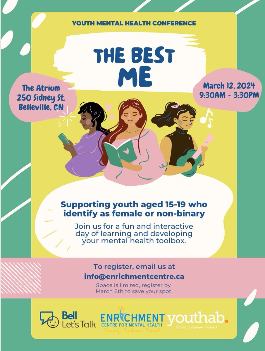 SmittyReagan's tweet image. My work The Enrichment Centre for Mental Health is once again putting on The Best Me event Tuesday March 12th! This youth mental health conference is for those who identify as female or non-binary between the ages of 15-19. If interested see the poster for more information!