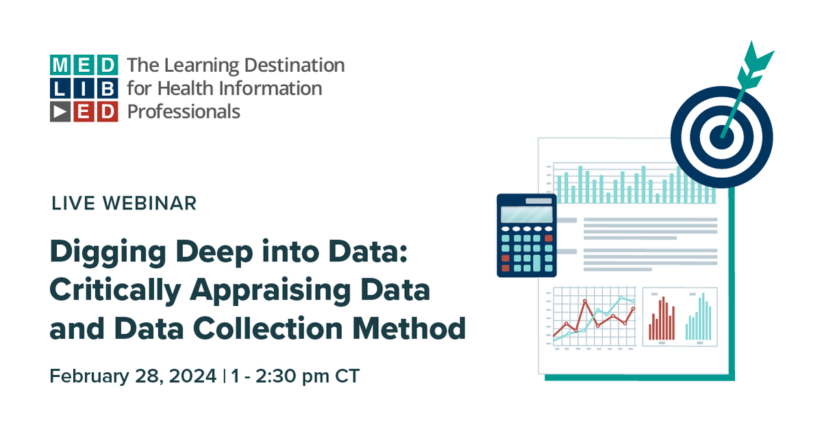 MedLibAssn's tweet photo. Dig deep into data in the next live webinar on February 28! Learn how to evaluate data collection methods, interpret data documentation, and improve your data literacy skills.
Register here: https://t.co/qCMnjbz65j
#medlibs #datalibs https://t.co/mwJ3lYhIdm