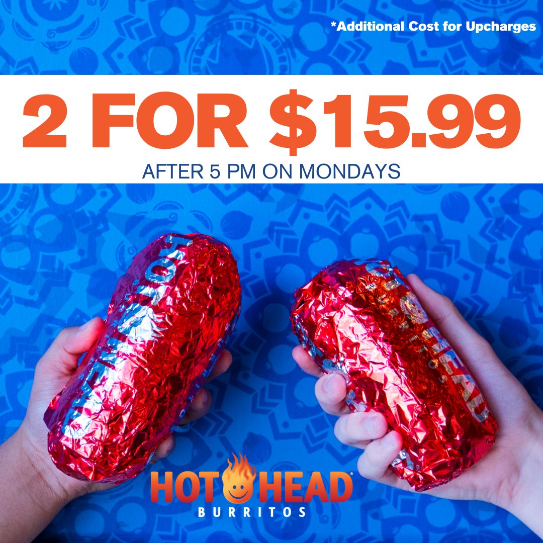hotheadburritos's tweet photo. Double the deliciousness every Monday at Hot Head Burritos for just $15.99! *Offer valid after 5pm. Additional cost for upcharges. #hotheadburritos #hothead #burritos #bowls #quickdinnerideas. https://t.co/1c7XTdz0aX