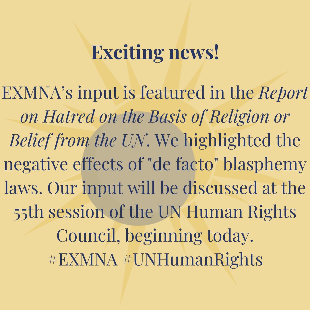 Ex-Muslims of North America is pleased to announce  exciting news! Go to exmuslims.org/press-release to read our latest accomplishment! 

#blasphemylaws #EXMNA #UnitedNations #UNHumanRightsCouncil