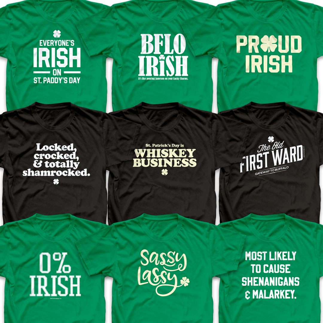 All ST. PATRICK'S DAY TEES are only *$15 each for one week only! (Get yours before the parade. . .)
Nine designs to choose from; available in t-shirts (two different colors), hoodies, and crewneck sweatshirts.
shorturl.at/evOU9