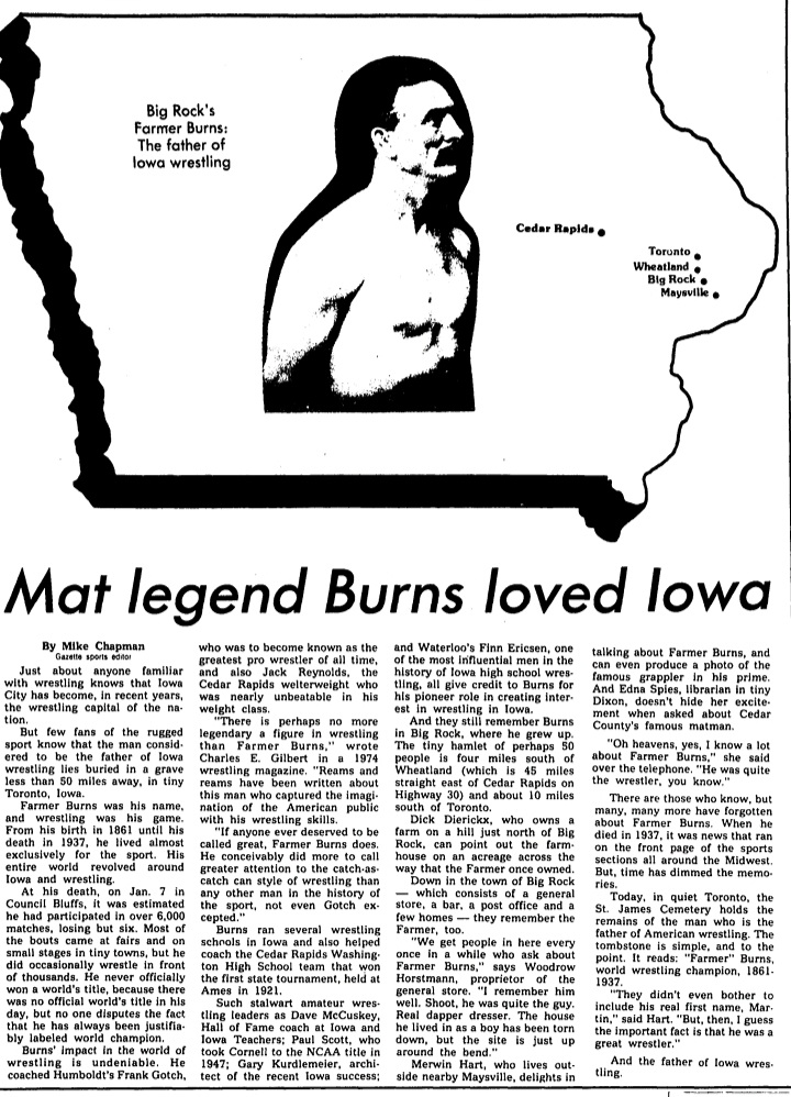 Even though I grew up 40 minutes away from Big Rock I wish I would've learned about Burns when I was younger. Sadly this time period is mostly forgotten. #prowrestling #catchascatchcan #iowahistory #bigrockiowa