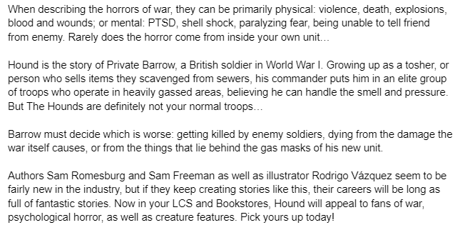 Had a chance to read Hound, a new war horror graphic novel out now from <a href="/MadCaveStudios/">Mad Cave Studios</a>. Absolutely fantastic! Check out my review below.
<a href="/sam_r_freeman/">Samuel Freeman</a> <a href="/SamRomesburg/">Sam Romesburg</a> and Rodrigo Vázquez make a great team!