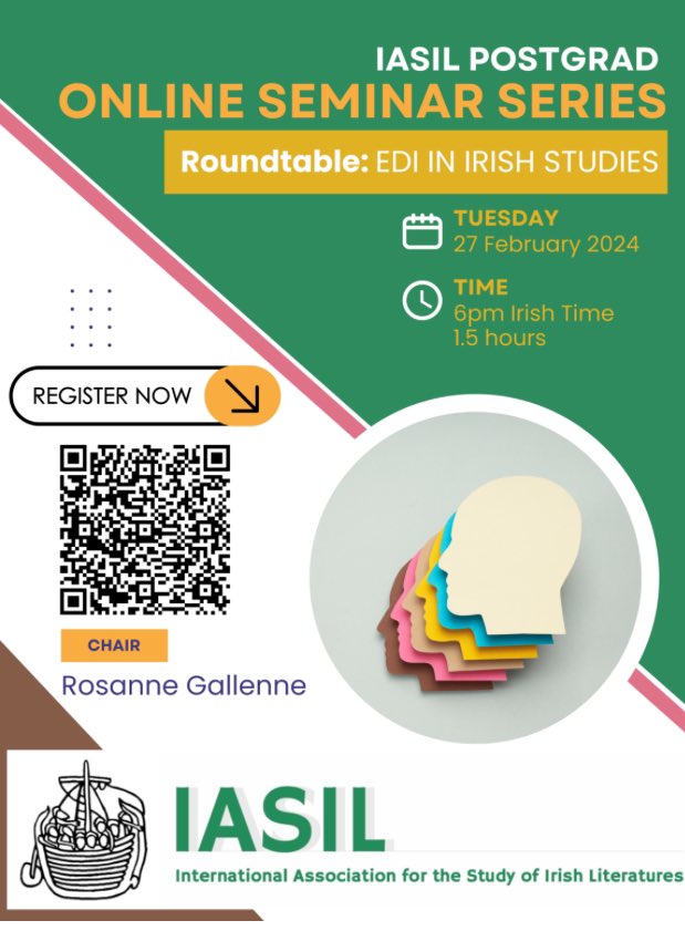 Quick reminder 

IASIL Postgrad & ECR Roundtable
EDI in Irish Studies
iasil.org/2024/02/event-…

Tues February 27th, 6pm (Irish Time) Online

Chaired by #ASILpostgrad rep @rose_gallen and @deirdre_flynn 
& featuring
@NarangTapasya @tayfollett
@NdahiroSandrine
@jtorferna and me ;)