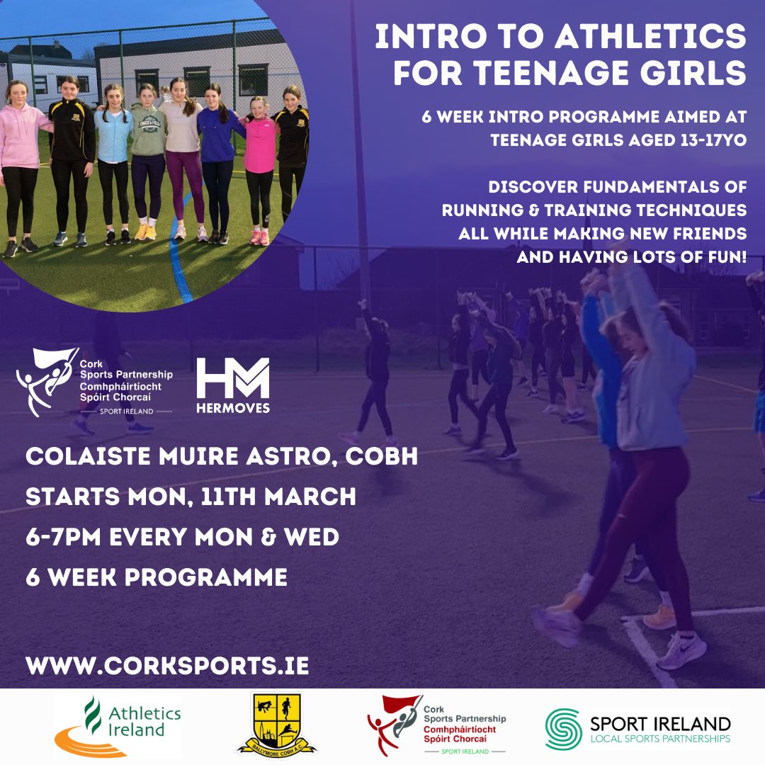 📣🤩 NEW Intro To Athletics For Teenage Girls Programme 👟 Lace up for a fun & engaging running experience where building confidence & empowerment takes centre stage 📆 Starts Mon 11th May 📍 Colaiste Muire, Cobh ⏰ 6-7pm 🏃🏻‍♀️ Mon & Wed 💁🏼‍♀️ Girls 13-17 ℹ️ corksports.ie/latest-news/in…