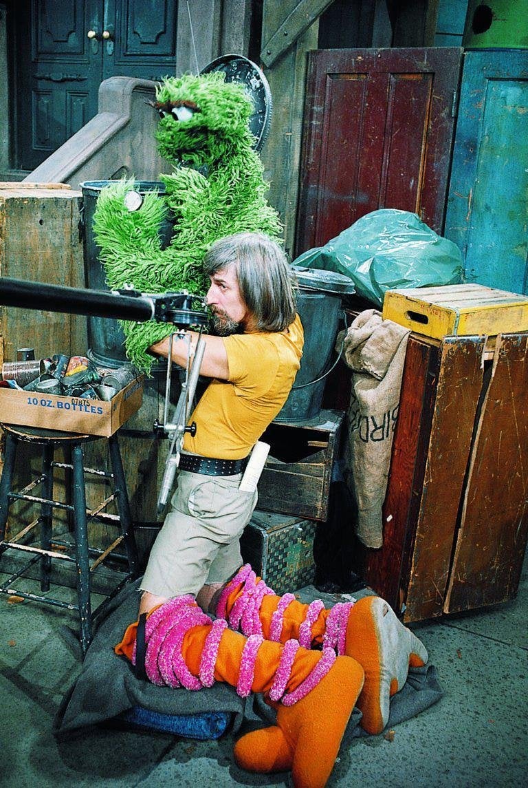 Caroll Spinney, the Muppeteer who played Big Bird & Oscar the Grouch on 'Sesame Street', from behind the scenes in 1980