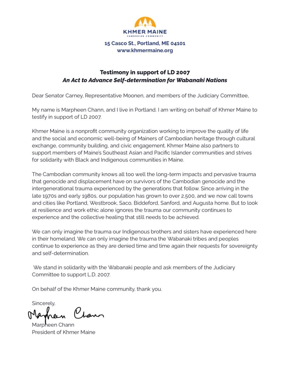 Testimony submitted to the Maine State Legislature's Judiciary Committee in support of L.D. 2007, and Act to Advance Self Determination for Wabanaki Nations. 

@WabanakiinMaine 

#maine