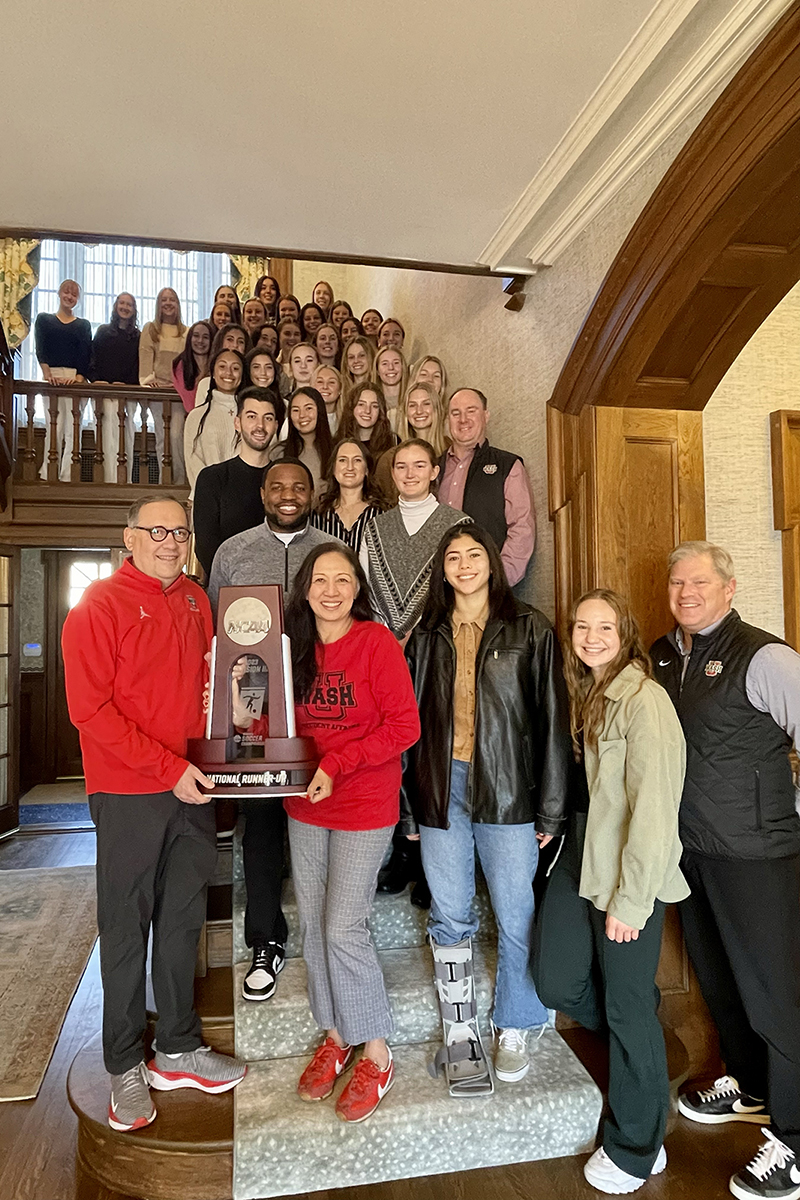 Our scholar-champions are the very representation of WashU determination and heart; Dr. G and I had a blast at Harbison House with @WashUwSoccer, celebrating their amazing season on and off the field. Kudus and #BattleOn!