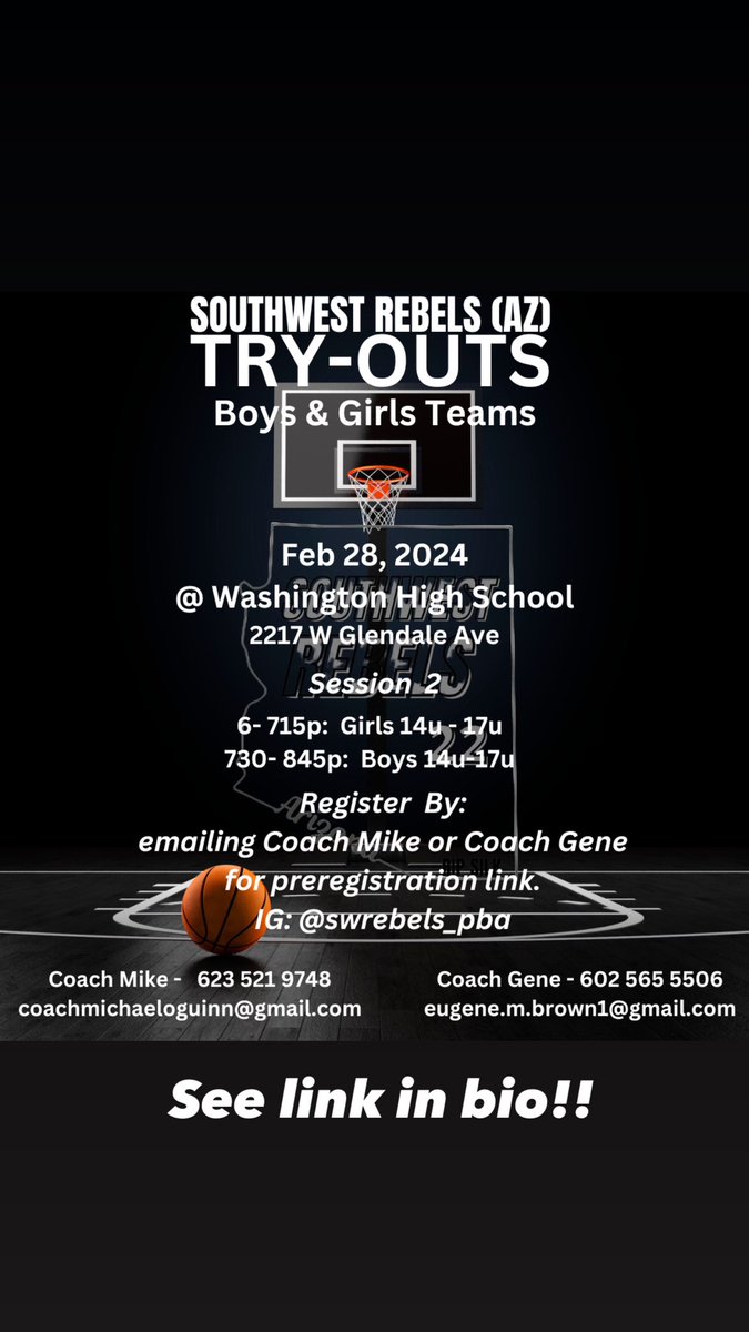 Register for Session 2 tryouts now!! Wednesday, Feb 28th @ Washington HS Girls 14u-17u 6-715p Boys 15u-18u 730-845p Contact Coach Mike 6235219748 or Coach Geno 6025655506 to register.. See link in bio #azrebels #southwestrebels #hardworknohype #independent #clubbasketball