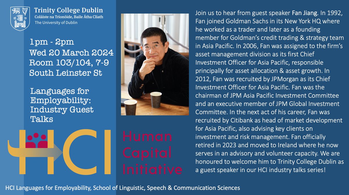 This Wed, 20th March, we invite you to our new HCI 'Languages for Employability' Industry guest talk with speaker Fan Jiang! We're honoured to welcome him @tcddublin as guest speaker to share his experiences in the corporate world. 📍Room 103/104, 7-9 Sth Leinster St. ⏰ 1-2 pm