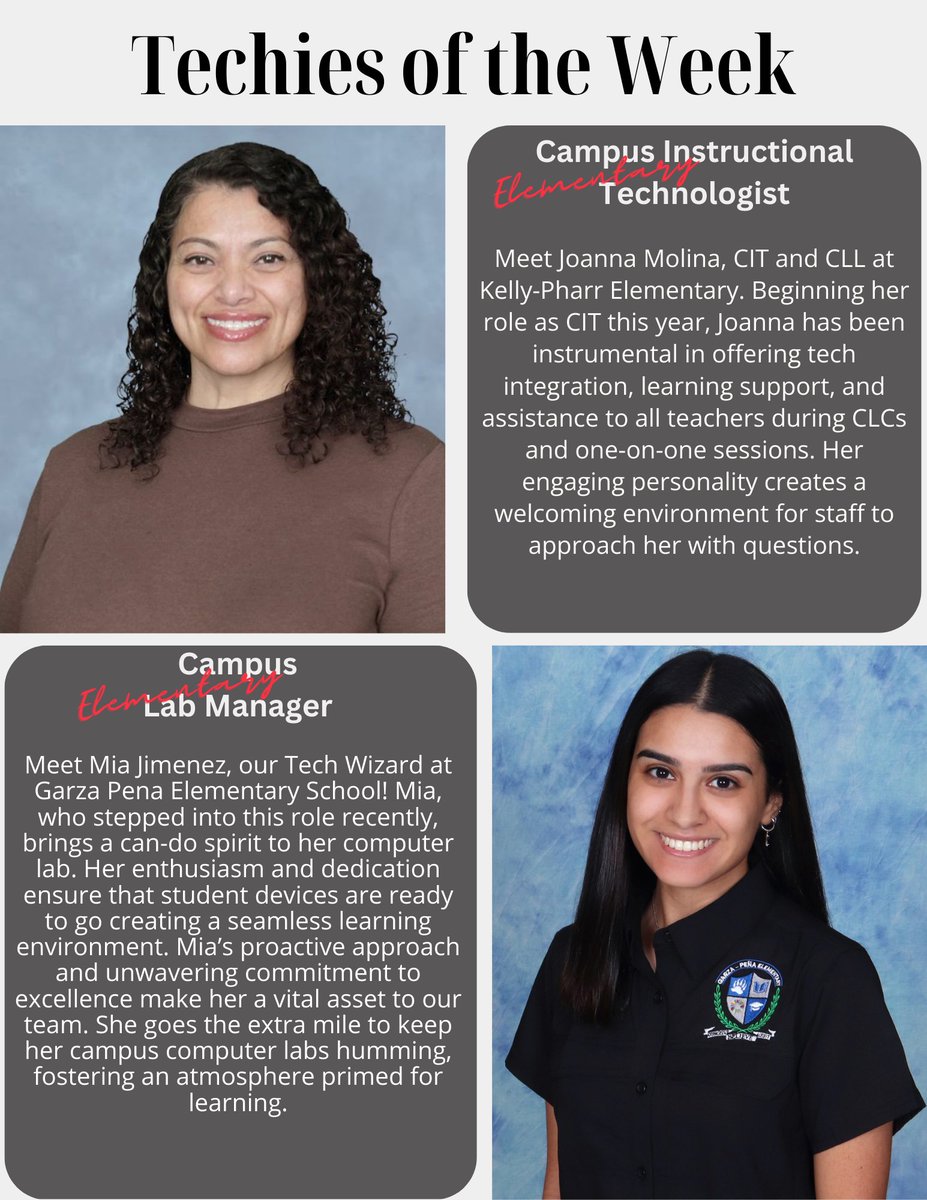 ✨Techies of the Week Spotlight! ✨ 
Joanna Molina, CIT and CLL at Kelly-Pharr Elementary
Mia Jimenez, Our  Lab Manager at Amanda Garza-Peña Elementary
Let’s give a virtual round of applause to Joanna and Mia!  Keep up the fantastic work, techies! 💻🖥🎇