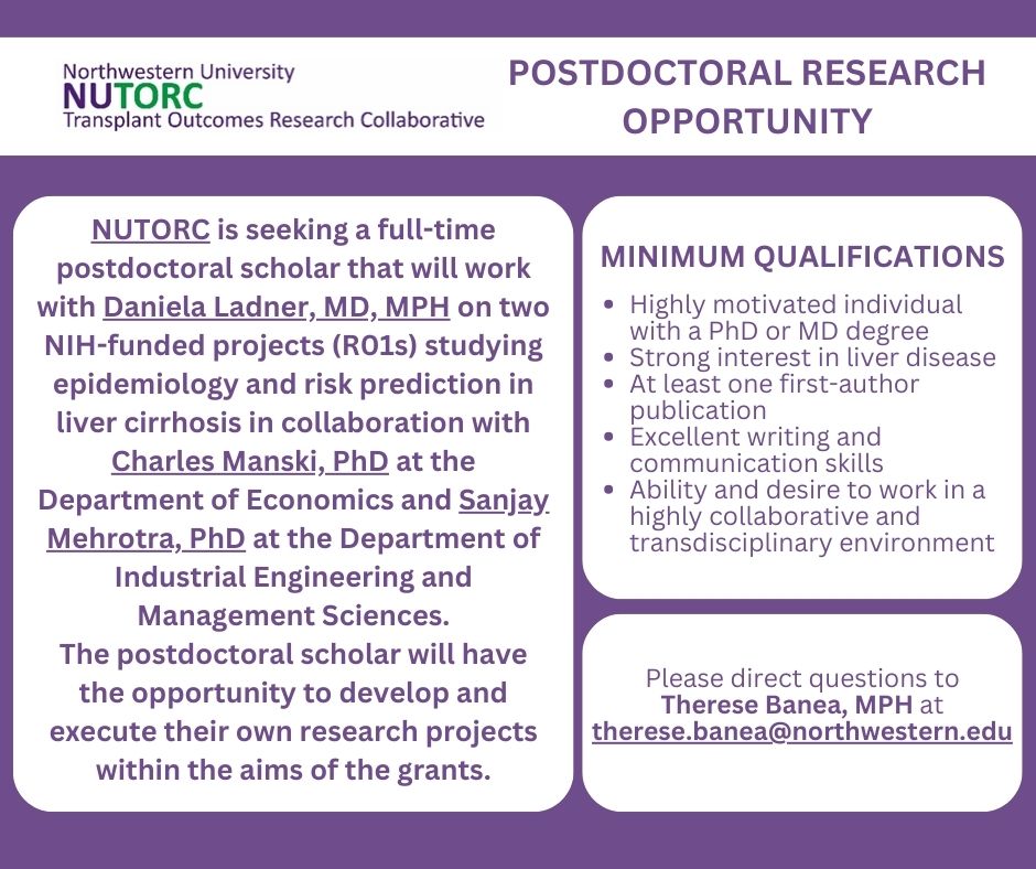 📢WE'RE HIRING!📢 NUTORC is hiring a scholar to work on two R01 projects focusing on epidemiology and risk prediction in #cirrhosis. @NM_Transplant @DanielaLadnerMD Click below to learn how to apply: postdocs.northwestern.edu/announcements/…