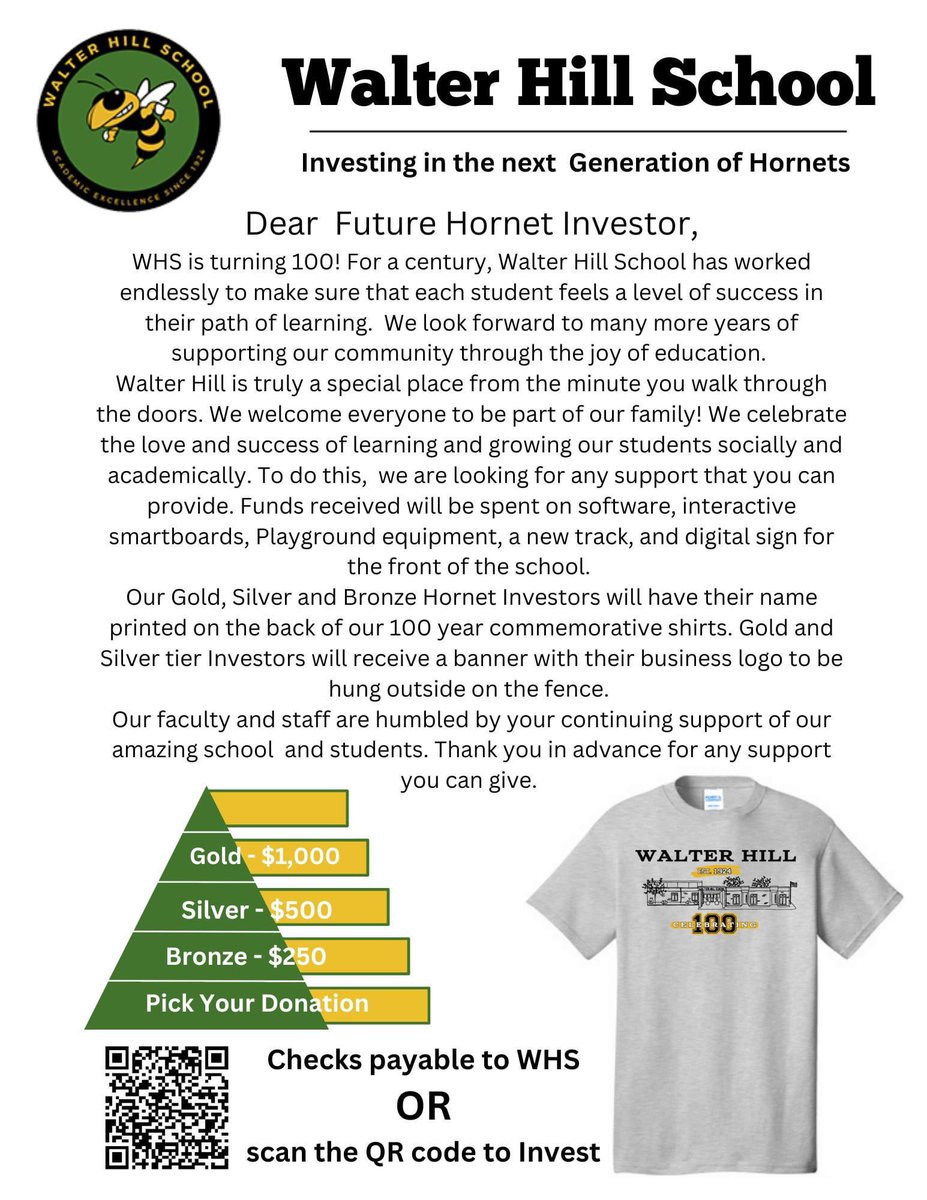 Want to show your support for Walter Hill School? Invest in the future generations of Hornets today! tinyurl.com/whshornetsspon…