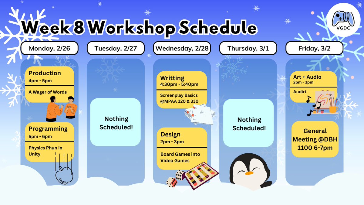 vgdcuci's tweet photo. Welcome to week 8! Here's our workshop schedule this week! Our workshops hosted by our officers of each department at the Game Lab (DBH 1412)! For more information on them, check out our discord in our linktree! #vgdc #vgdcuci #vgdcatuci https://t.co/new77pKyKF